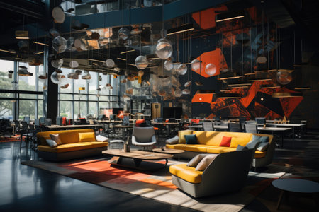 Interior of modern coffee shop with black walls, concrete floor, rows of yellow and orange sofas and round coffee tables with cushions. 3d rendering toned image double exposureの素材