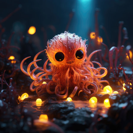 Fantasy alien creature with eyes glowing in the dark. 3D illustration.の素材