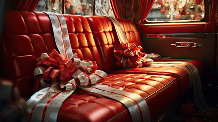 Luxury interior of a vintage car decorated with red leather seats, gifts and ribbonsの素材