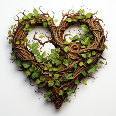 Heart made of vines and leaves on white background. 3d illustration.の素材