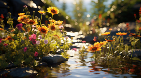 flowers in the garden with reflection in water, nature background.の素材