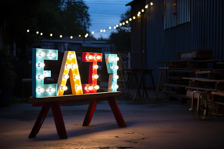 Neon sign for sale in front of the store at night.の素材