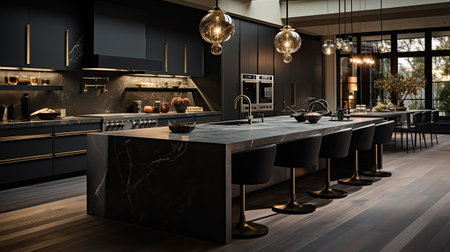 3d rendering black modern luxury kitchen and dining room with wooden floorの素材