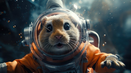 Cute little hamster in an astronaut suit on space background.の素材