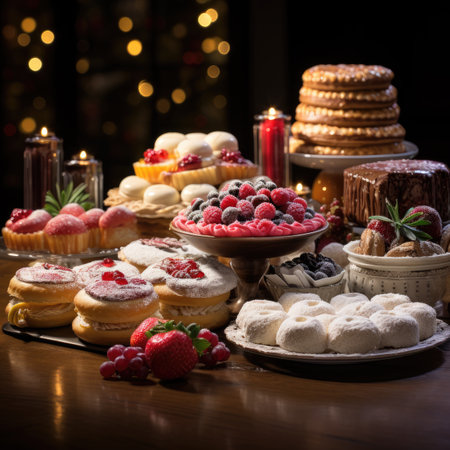 Traditional Christmas sweets on a wooden table with lights in the background.の素材