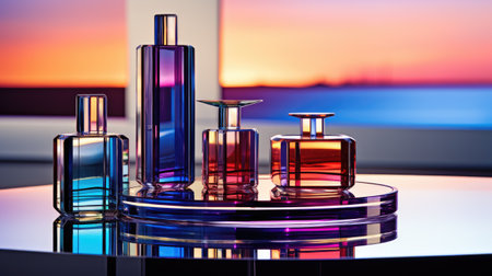 3d illustration of glass vials on a table with sunset backgroundの素材