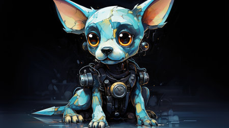 3D rendering of a little robot with headphones isolated on black backgroundの素材