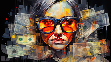 Futuristic cyberpunk style portrait of a woman wearing glasses and holding dollarsの素材