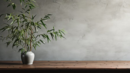 Wooden table with plant in vase on cement wall background.の素材