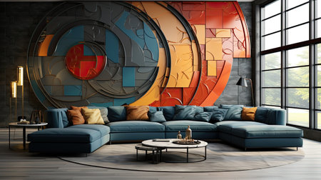 Interior of modern living room with blue sofa, coffee table and brick wall. 3d renderの素材