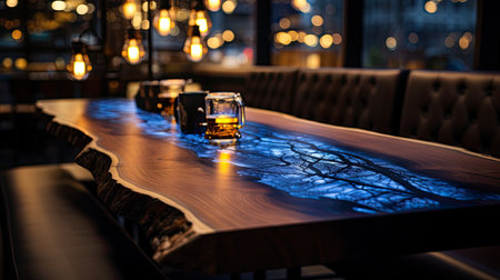 A glass of whiskey on a wooden table in a pub or restaurantの素材