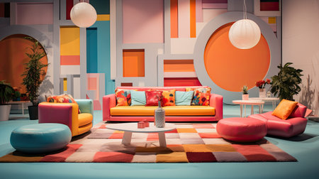 3d rendering of a modern living room interior design with colorful furnitureの素材