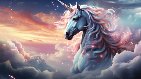 Unicorn in the sky with clouds and stars. Fantasy illustrationの素材