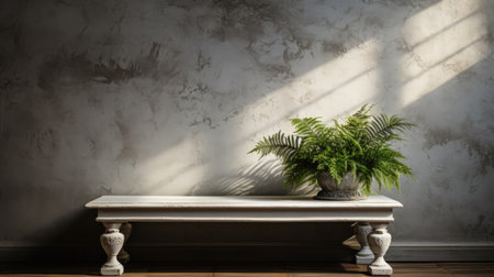 Vintage marble bench with plant on wall background. 3d renderingの素材