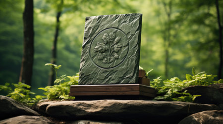 Wooden sign on a rock in the forest. 3d renderingの素材