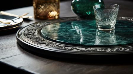 Table setting with glass and cutlery on a wooden table.の素材