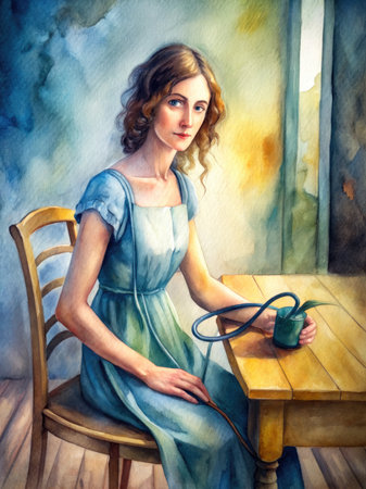 Portrait of a beautiful woman in a blue dress with a stethoscope in her hands.の素材