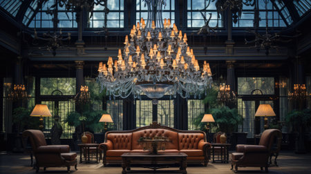 Luxury interior of a baroque style building with a leather sofaの素材