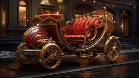 3D rendering of an antique carriage on the street at night.の素材
