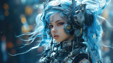 Close-up portrait of a female cyborg with blue hair and futuristic makeupの素材