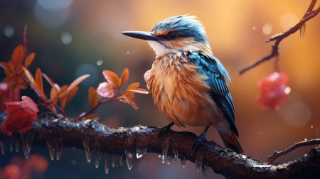 beautiful bird sitting on a branch in the autumn forest, close-upの素材
