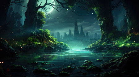 Fantasy landscape with dark forest and full moon.の素材