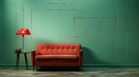Interior of a living room with a red sofa and a tableの素材