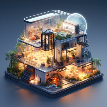 modern house on a dark background with neon lightsの素材