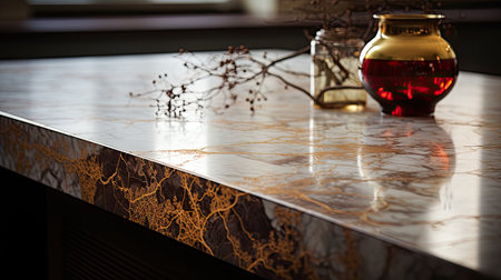 Closeup of a black marble countertop with a gold vase and dried flowersの素材