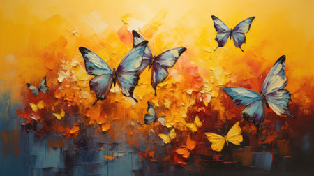 Abstract painting of butterflies on a background of autumn leavesの素材