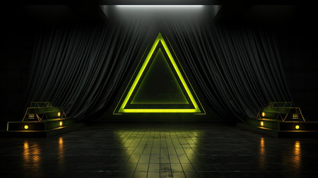 a stage with a glowing green neon sign.の素材