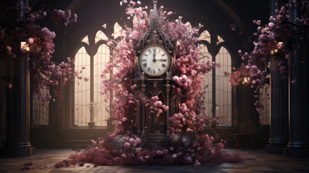 a vintage clock in an old church with pink flowersの素材