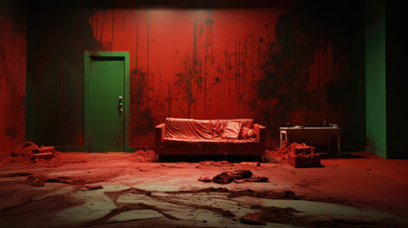 Old abandoned room with a red wall and a sofa in the cornerの素材