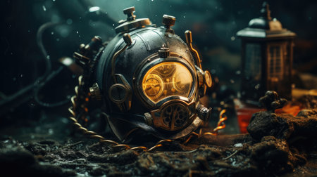 Underwater world. Steampunk concept. Close up of old rusty gas mask.の素材