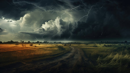 Stormy sky over rural road. Nature compositionの素材