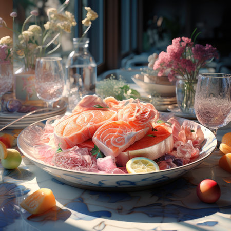 Salmon sashimi served on a plate with lemon and pink flowersの素材