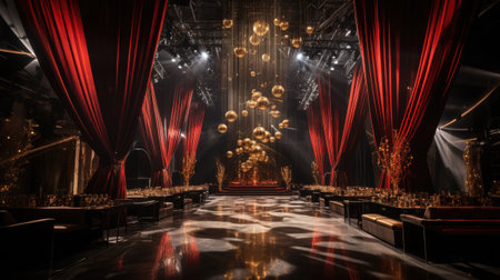 Stage with red curtains and spotlights.の素材