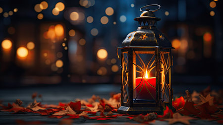 Lantern with a burning candle on a background of autumn leavesの素材