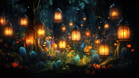 Lanterns in the forest at nightの素材