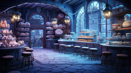 a cafe interior with a lot of cakes and sweetsの素材