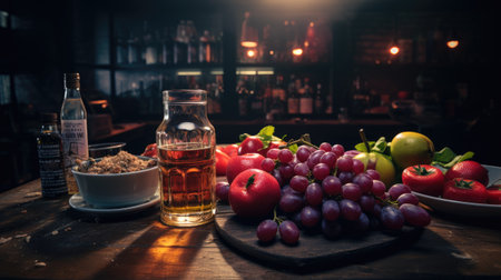 Fruit and vegetables on a wooden table in a dark bar.の素材
