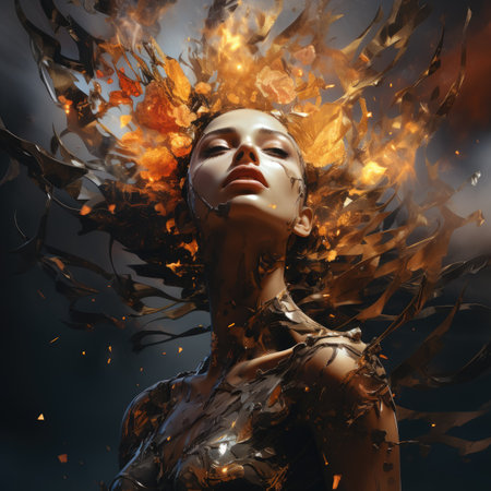 Fantasy portrait of a beautiful young woman with golden make-upの素材