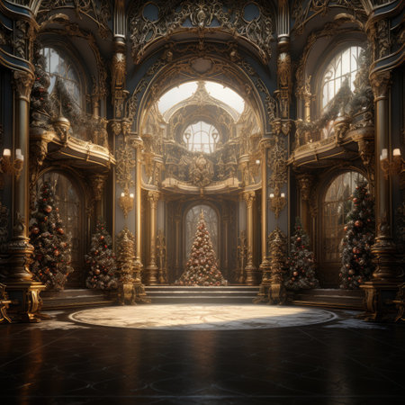 the interior of an old mansion with Christmas decorationsの素材