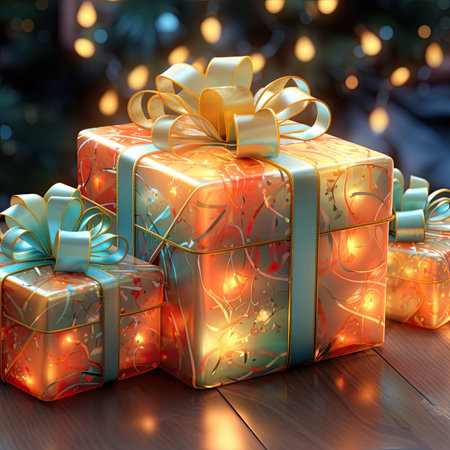Christmas gift boxes on wooden floor with bokeh backgroundの素材