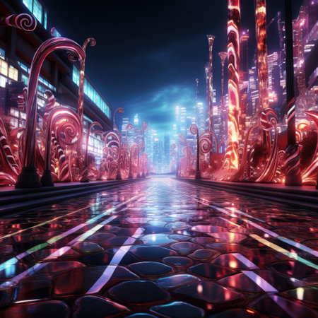 Futuristic city at night with neon lightsの素材