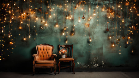 Luxury interior with a vintage armchair against a wall with garlandsの素材