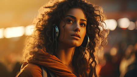 Beautiful young african american woman with headphones listening to music.の素材