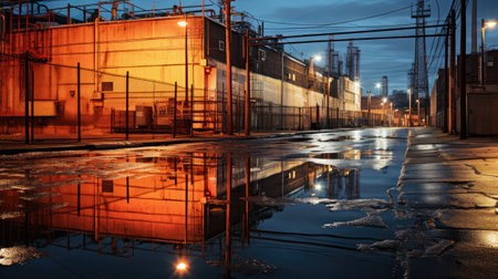 Reflection of an industrial building in the water at night.の素材