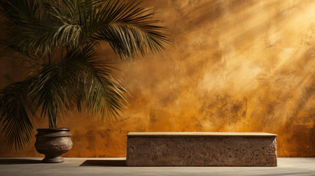 brown podium for product presentation with palm leaf.の素材