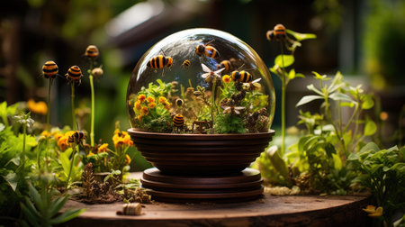 Glass globe with flowers in the garden. Environment protection concept. Selective focus.の素材